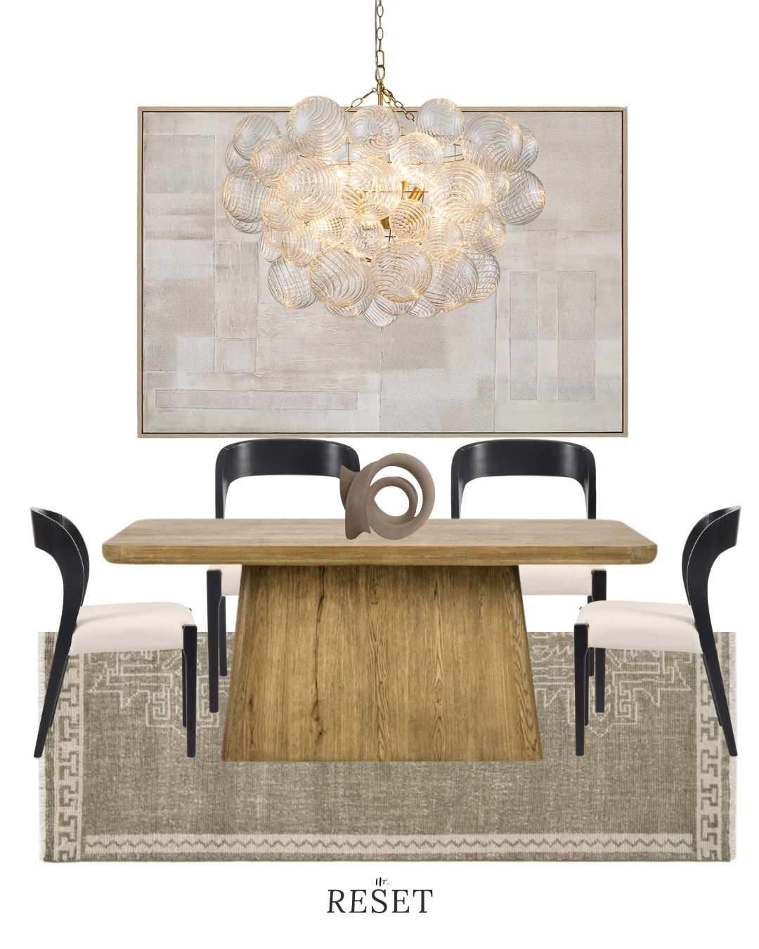 High-end neutral dining room furniture with modern silhouettes and elegant lighting.
Includes a wood dining table, modern dining chairs, statement chandelier, framed wall art, and neutral rug.
Perfect for a timeless, elevated dining room design. 

 