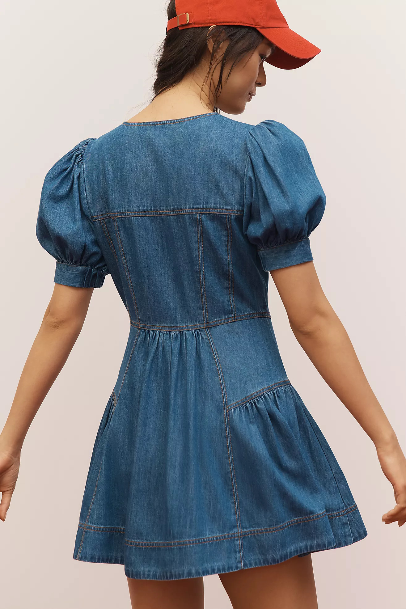Maeve Puff-Sleeve Tiered Denim Mini Dress | Anthropologie (US)