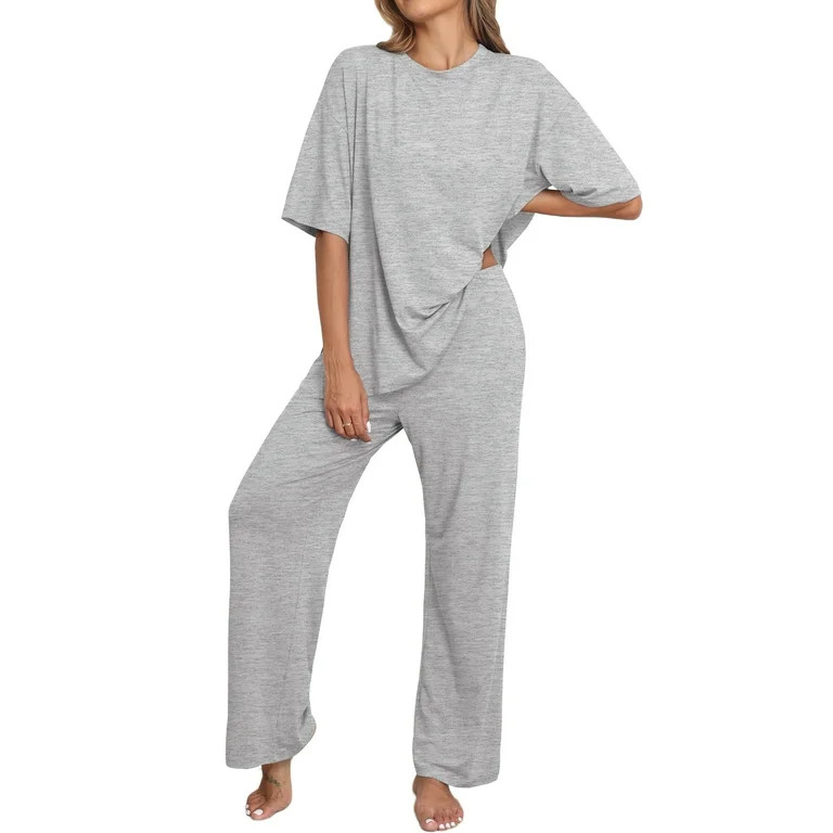 MINTREUS Lounge Sets for Women Knit Short Sleeve Tops and Long Pants Soft Comfy Pajamas Set Overs... | Walmart (US)