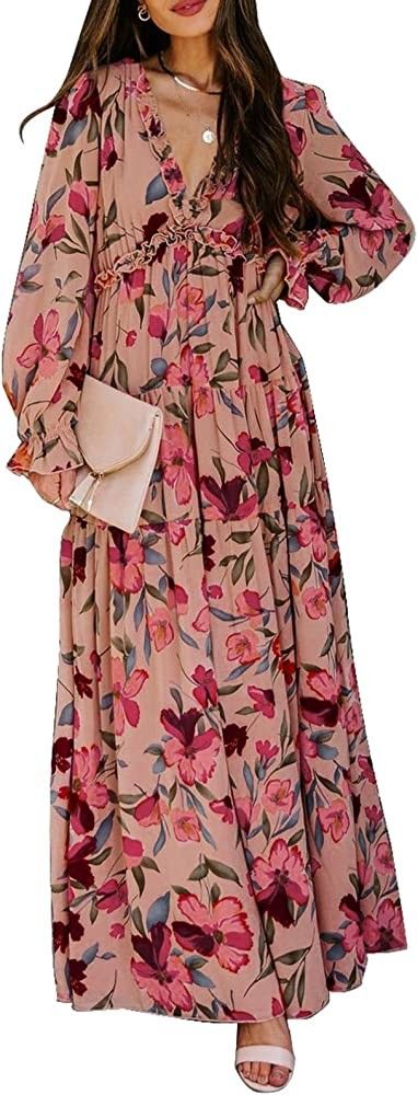 BLENCOT Womens Casual Floral Deep V Neck Long Sleeve Long Evening Dress Amazon Fall Dress  | Amazon (US)