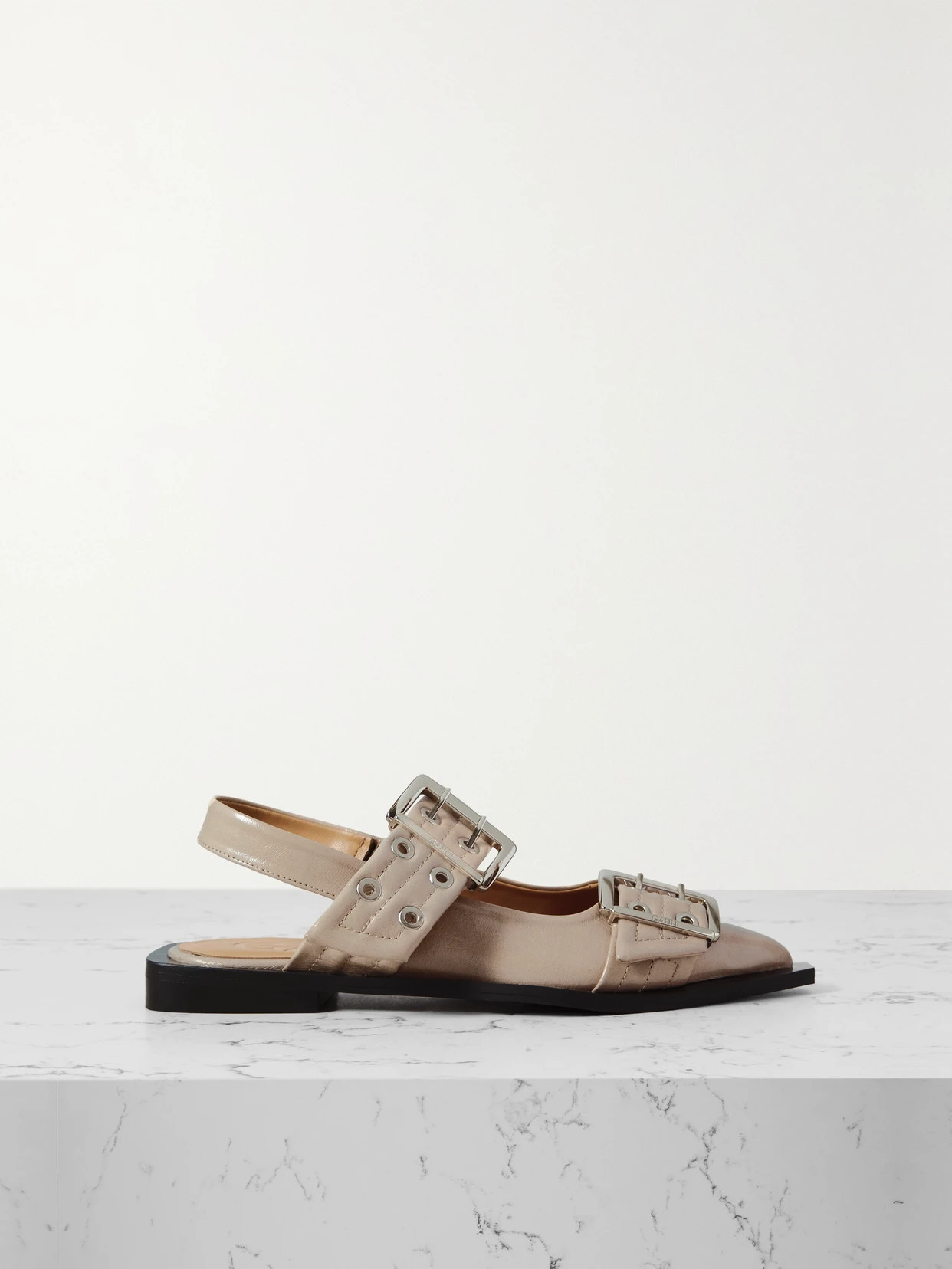 GANNI - Buckled Eyelet-embellished Recycled Faux Patent-leather Ballet Flats - Taupe | NET-A-PORTER (UK & EU)