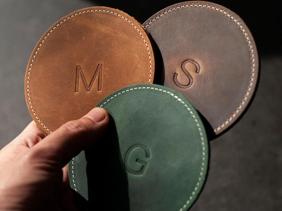 Personalized Leather Coaster Set , Customized Round Whiskey Coasters, 3rd Anniversary Coffee Mug ... | Etsy (US)