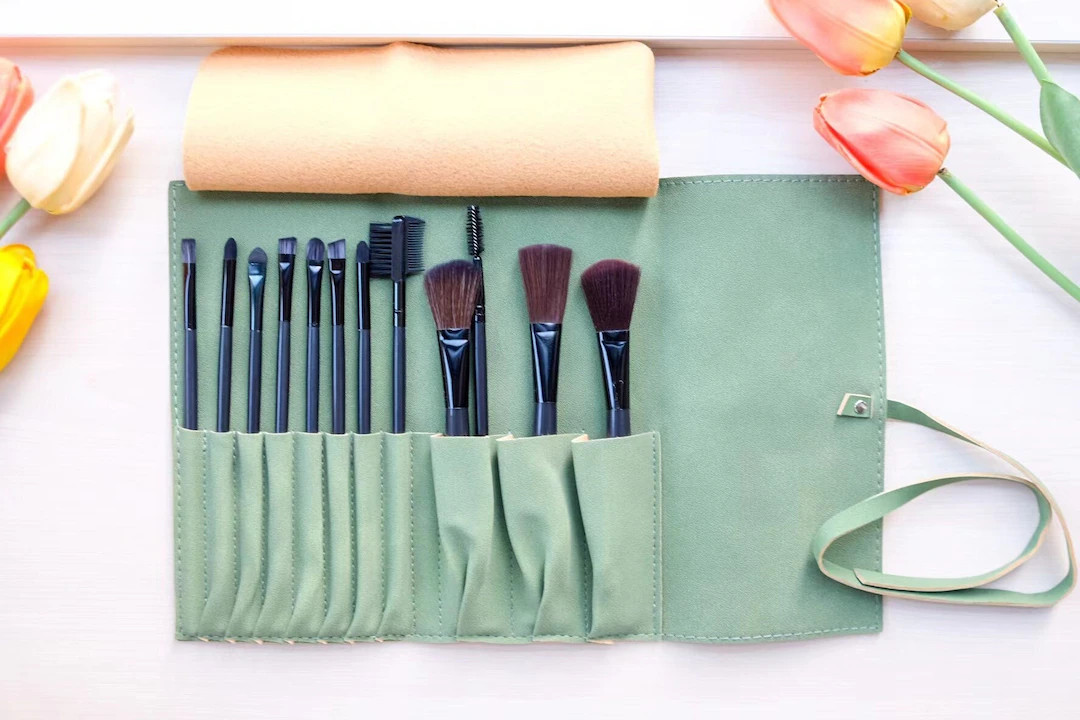 Personalized Green Leather Makeup Brush Roll With 10 Slots & Brush Set - Etsy | Etsy (US)