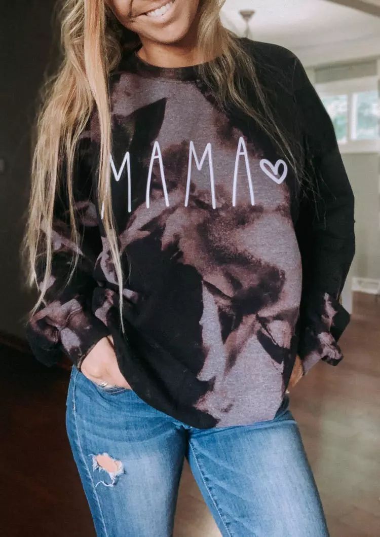 Mama Bleached Heart O-Neck Sweatshirt - Black - Bellelily | Bellelily