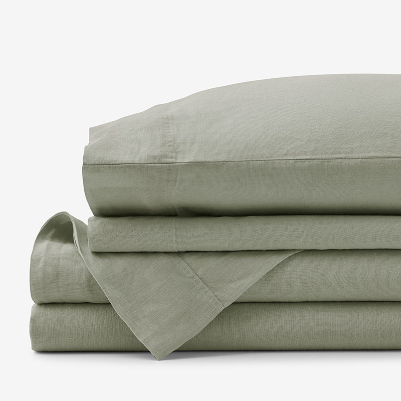 Premium Breathable Washed Linen Solid Bed Sheet Set - Moss Green, Full | The Company Store
