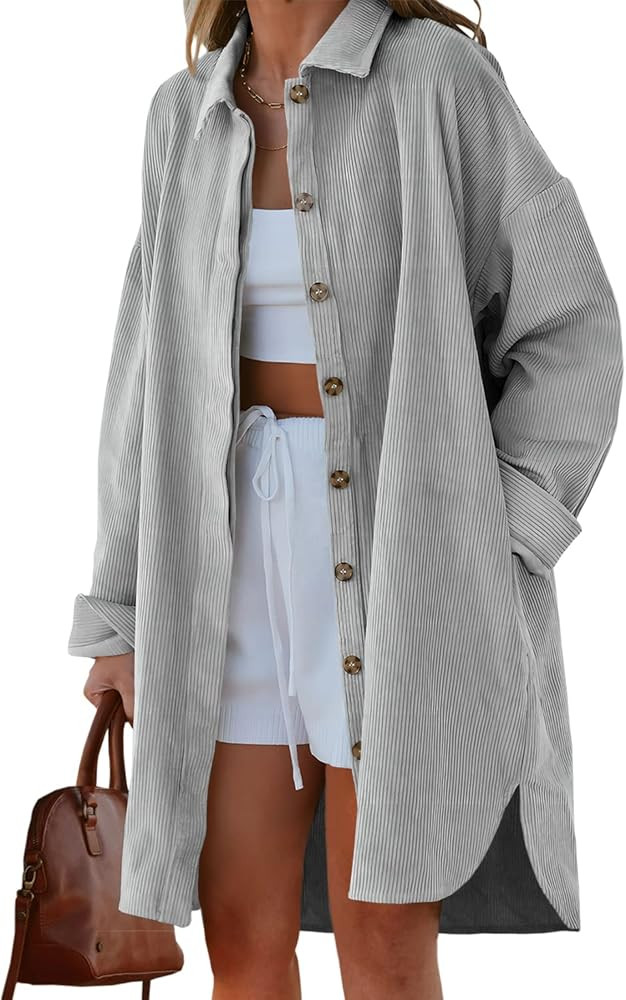 FSHAOES Womens Lapel Collar Long Corduroy Shirts Casual Button Down Side Slit Oversized Shacket C... | Amazon (US)