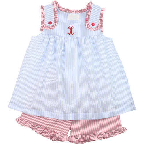 Red And Blue Seersucker Ruffle Short Set | Cecil and Lou