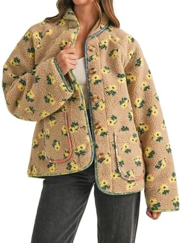 Dqbeng Womens Floral Sherpa Fleece Jacket Long Sleeve Button Up Oversized Casual Teddy Coats Oute... | Amazon (US)
