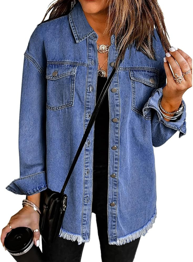 Vetinee Women’s Oversized Button Up Frayed Hem Shacket Long Sleeve Pockets Denim Jean Jacket | Amazon (US)