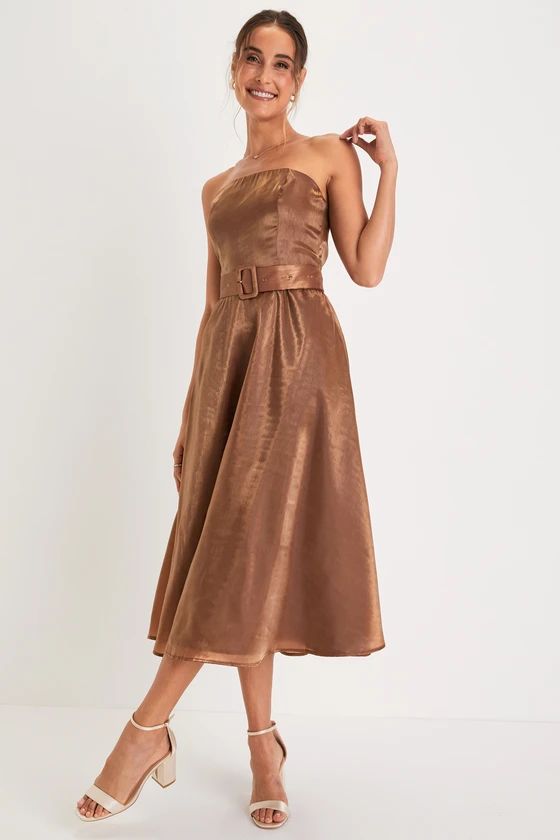 Chicly Stunning Shiny Brown Strapless Belted Midi Dress | Lulus