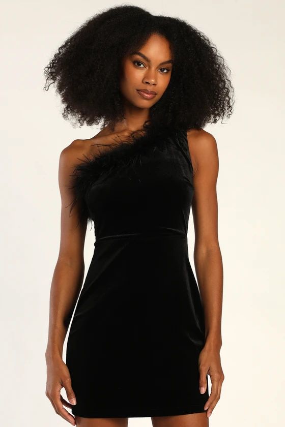 Glamorous Flirt Black Velvet Feather One-Shoulder Mini Dress | Lulus (US)