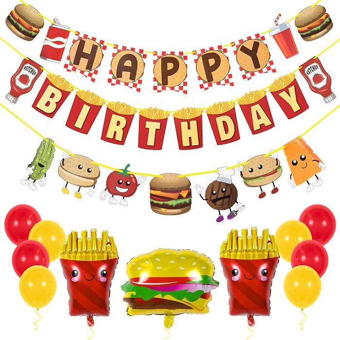 Burger Birthday Party Decorations \u2013 Pre-Strung Happy Birthday Banner Kit with Burger & Fries... | Amazon (US)