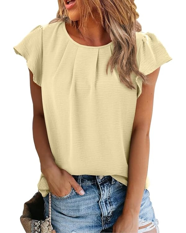 SHEWIN Women's Summer Tops Casual Round Neck Pleated Ruffle Short Sleeve Keyhole Back Chiffon Blo... | Amazon (US)
