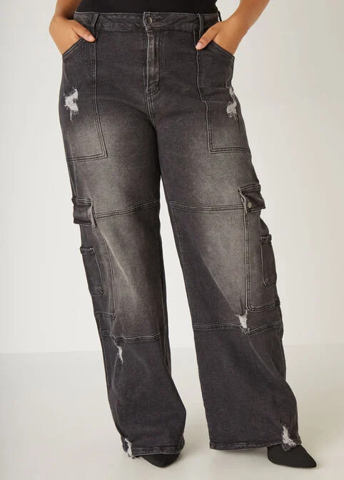 High Rise Distressed Cargo Jeans | Ashley Stewart