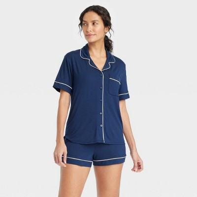 Women's Cloud Knit Modal Short Sleeve Notch Collar Top and Shorts Pajama Set - Auden™ Navy Blue S: Modal-Spandex Blend, Elastic Waistband | Target