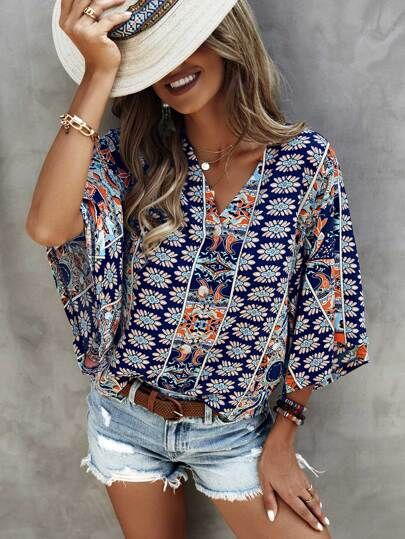 Allover Print Batwing Sleeve Blouse | SHEIN