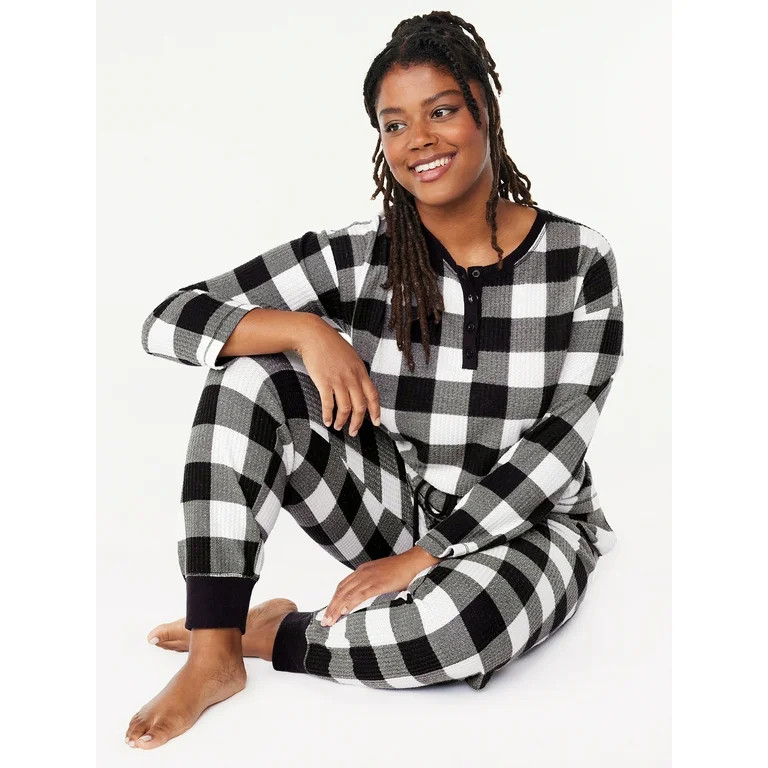 Joyspun Women's Waffle Hacci Knit Henley Top and Joggers Pajama Set, 2-Piece, Sizes S to 3X | Walmart (US)