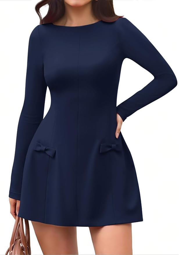 Yousify Womens Boat Neck Mini Dress Long Sleeve A-Line Side Bows Club Party Date Night Bodycon Dr... | Amazon (US)