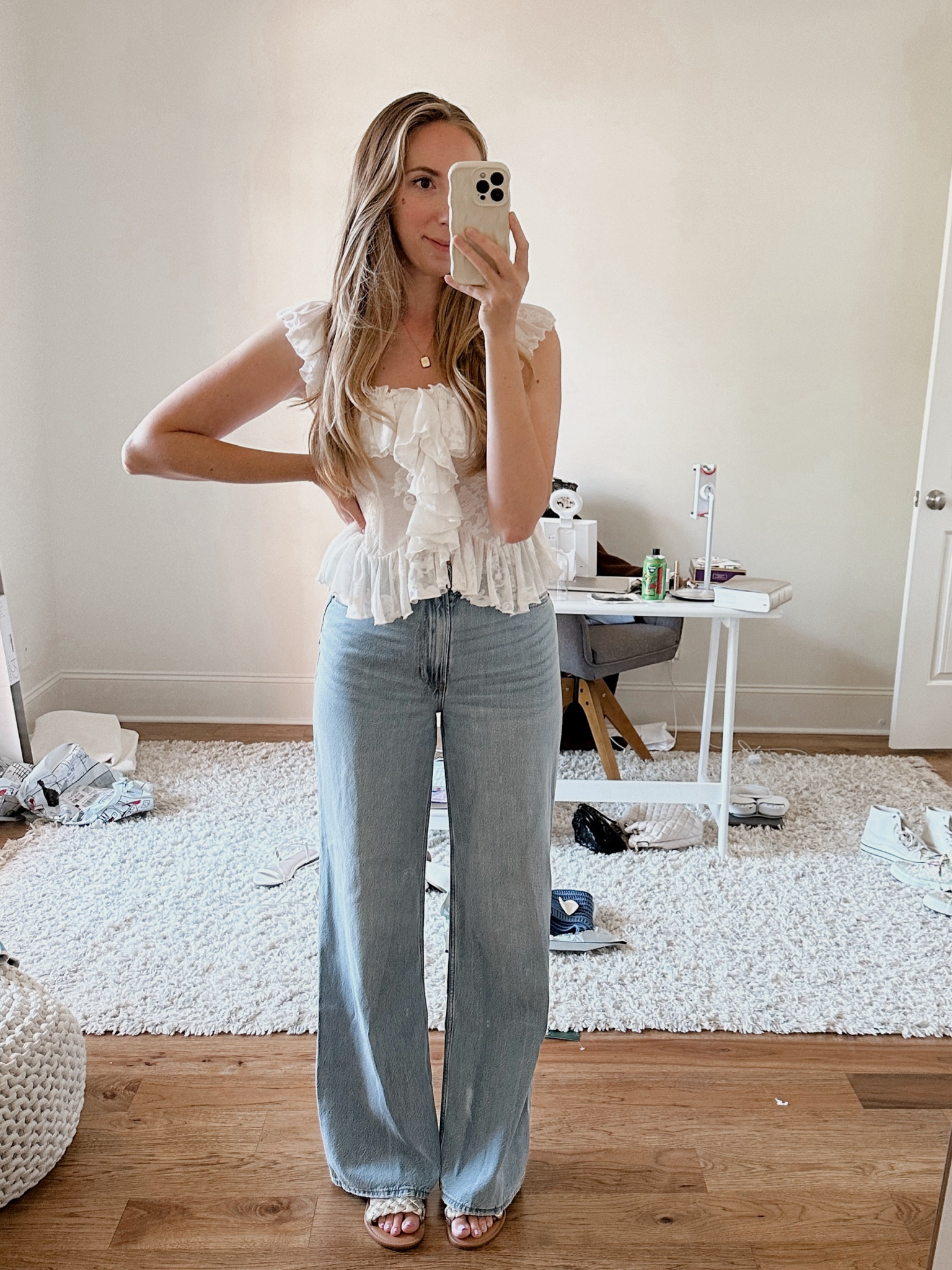 Summer date night outfit idea by BarbiGia. White lace crop off shoulder date night top. Wide leg jeans outfit 



#LTKSummerSales #LTKFindsUnder100 #LTKSeasonal