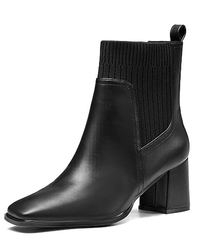 Coutgo Women's Slip On Ankle Boots Chunky Block Heel Square Toe Splicing Dress Sock Booties, Black, Size 5.5 | Amazon (US)