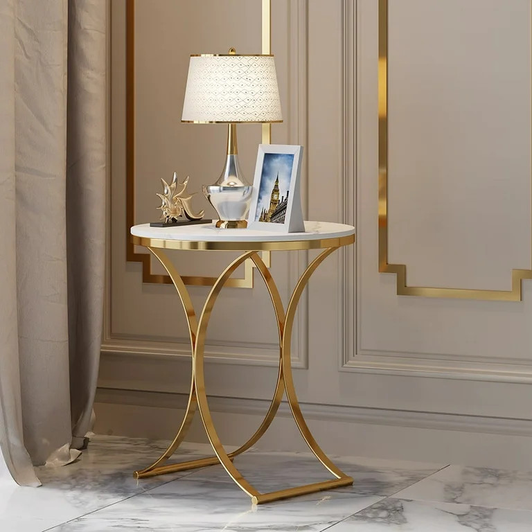 Homary Modern Luxurious Round White Marble Stone Side Table X-Base End Table in Gold - Walmart.co... | Walmart (US)