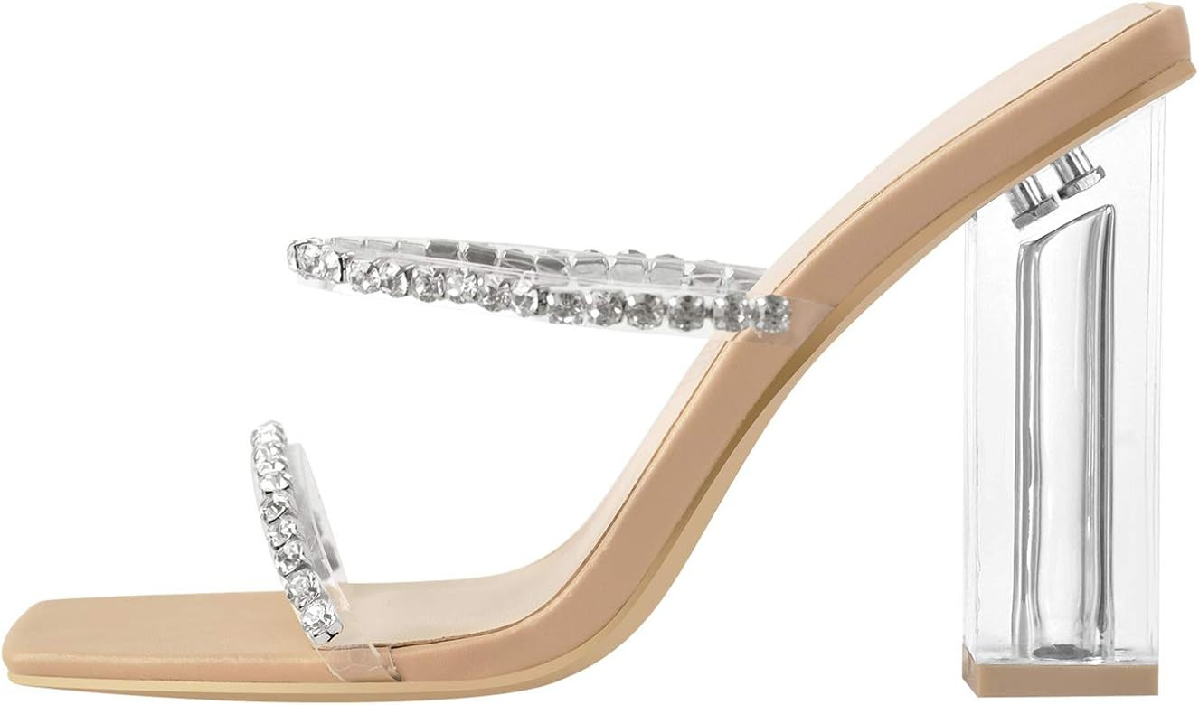 Amazon.com | LISHAN Women's Block Chunky High Heels Backless Square Toe One Band Slipper Slip-on ... | Amazon (US)