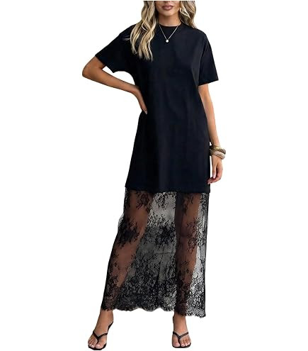 Women's T Shirt Dress Lace Patchwork Short Sleeve Oversized Crewneck Casual Maxi Dress Going Out | Amazon (US)