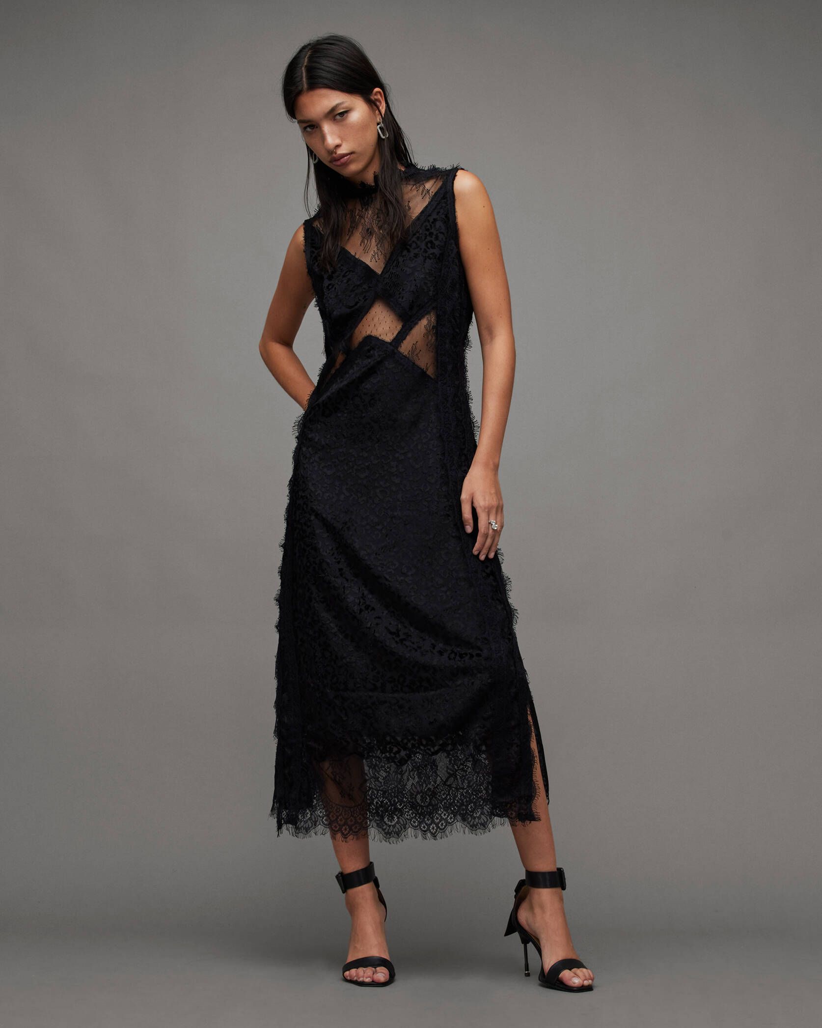Mila Lace Panel Leopard Print Maxi Dress Black | ALLSAINTS US | AllSaints US