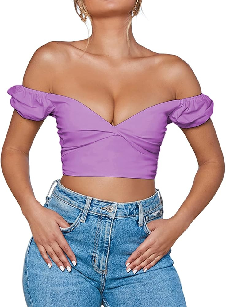 Avanova Women's Twist Front Off Shoulder Crop Top V Neck Short Sleeve Blouse | Amazon (US)