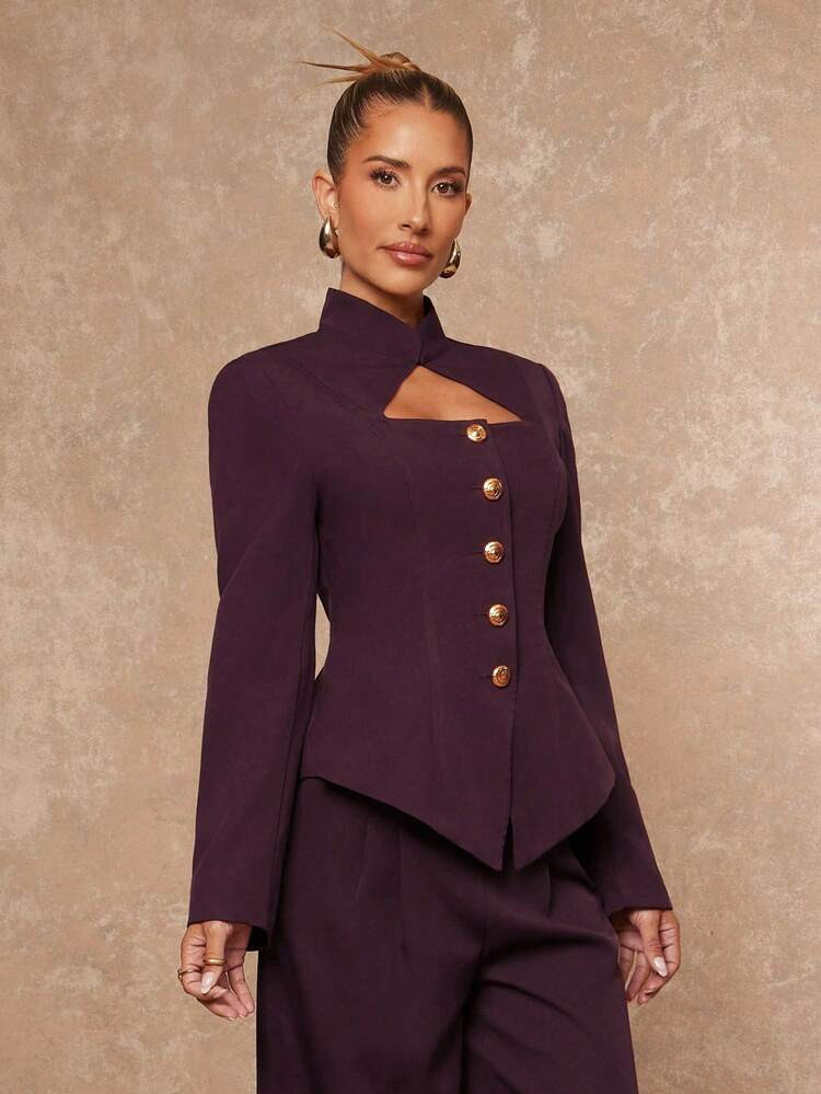 Lumalex Fall Winter Gathering Party Banquet Modest Old Money Coquette Glitter Holiday Party Rave Festival Outing Vacation Hot Outdoor Richly Layered Wedding Season Banquet Coming Of Age Ceremony Stand Collar Hollow Out Waist Cinched Metal Button Straight Leg Suit Trousers , Women's Suit Set With Long Sleeve Luxury Prom Christmas New Year,Cozy Fall And Winter Clothes For Women | SHEIN