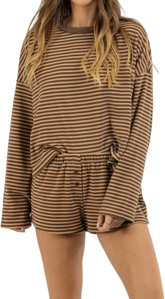 codcm Womens Oversized Striped Loungewear Set Long Sleeve Top Button Front Drawstring Shorts Matc... | Amazon (US)