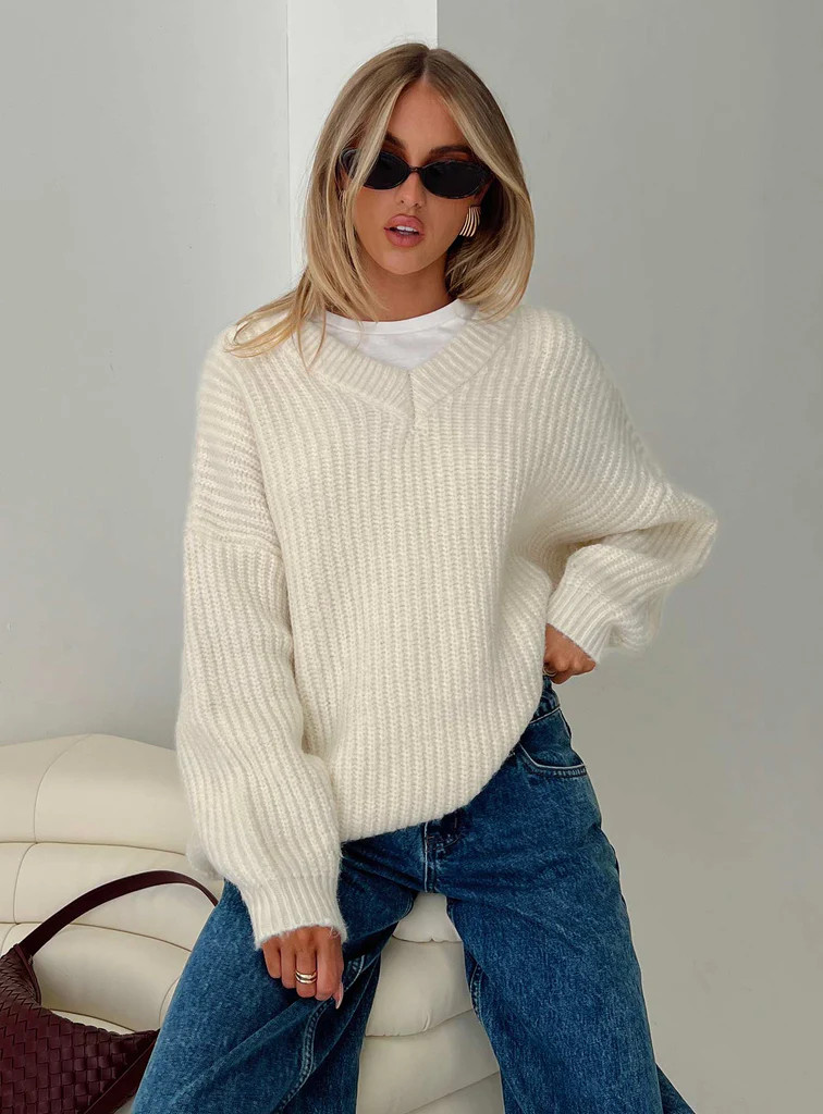 Have It All V Neck Knit Sweater Cream | Princess Polly US