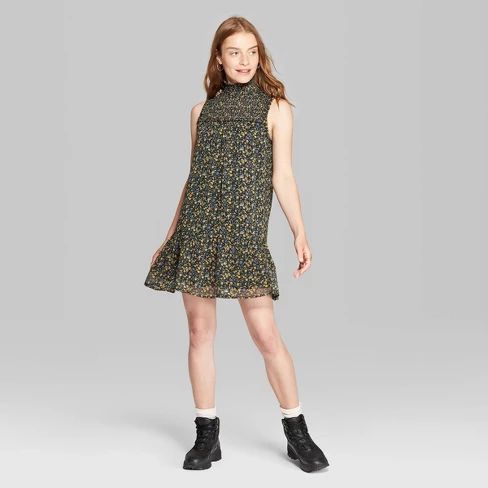 Women's Floral Print Sleeveless Mock Turtleneck Smocked Babydoll Dress - Wild Fable™ | Target