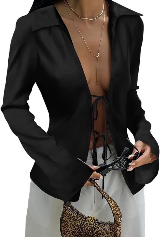 Cicy Bell Womens Sexy Tie Front Shirts Deep V Neck Silk Club Tops Long Sleeve Y2k Going Out Blous... | Amazon (US)