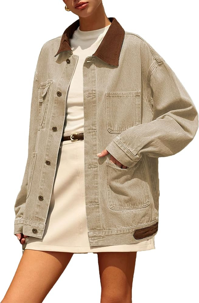 Zontroldy Women's Contrast Collar Denim Jacket Button Down Oversized Jean Shacket Jackets Coat wi... | Amazon (US)