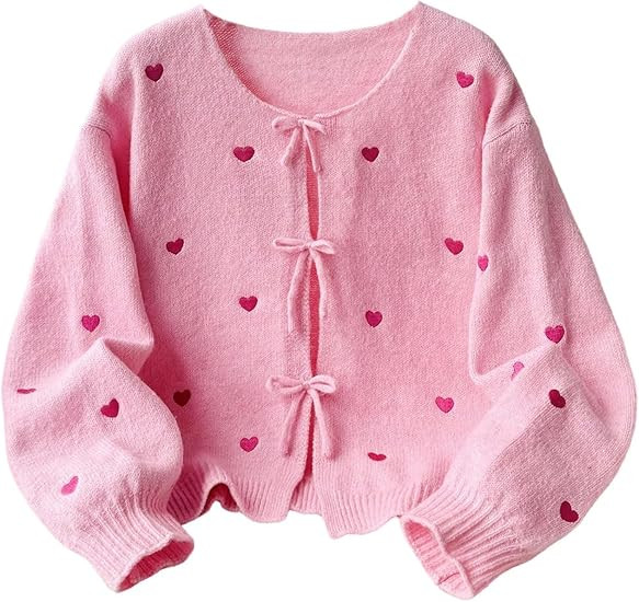 BEAUDRM Girl's Cute Heart Print Cardigan Sweaters Bow Button Down Sweater Crewneck Cardigan Long ... | Amazon (US)