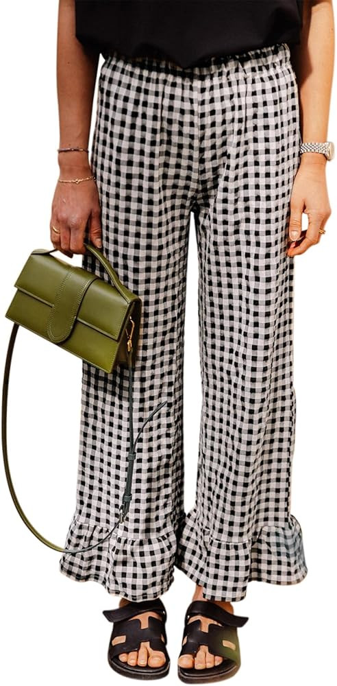 Womens Y2k Gingham Pants Ruffled Straight Leg Lounge Pants Elastic Waist Plaid Wide Leg Loose Tro... | Amazon (US)