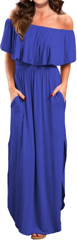 VERABENDI Women's Off Shoulder Summer Casual Long Ruffle Beach Maxi Dress with Pockets | Amazon (US)