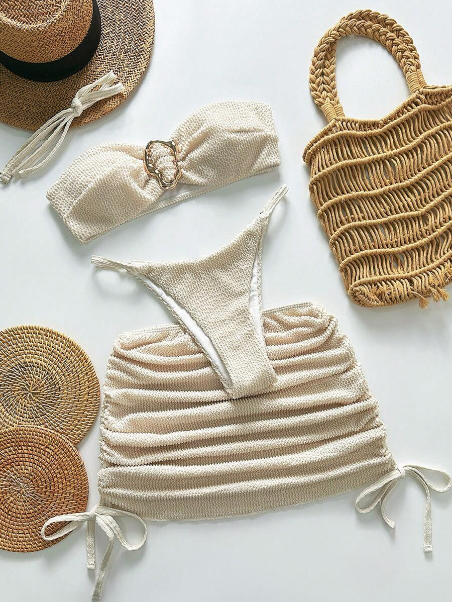 Swim Chiccia 3pcs Women's Beachwear Summer Vacation Outfits, Textured Solid Color Fabric, Gold As... | SHEIN