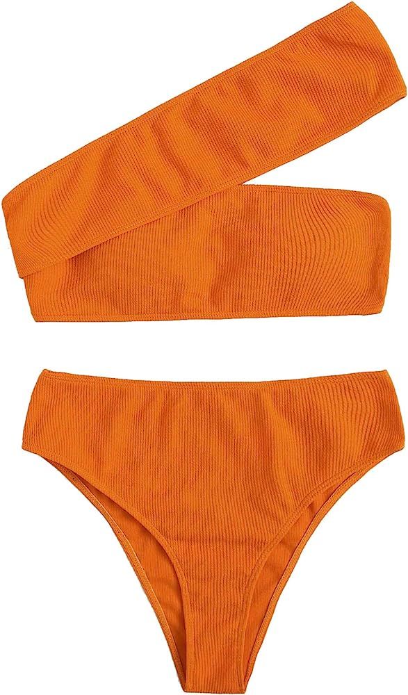 SweatyRocks Women's Bathing Suits One Shoulder Ribbed Bikini Set High Waisted Swimsuits | Amazon (US)