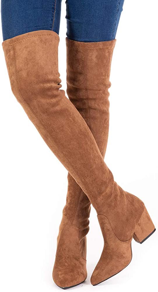 Thigh High Block Heel Boot Women Pointed Toe Stretch Over The Knee Boots | Amazon (US)