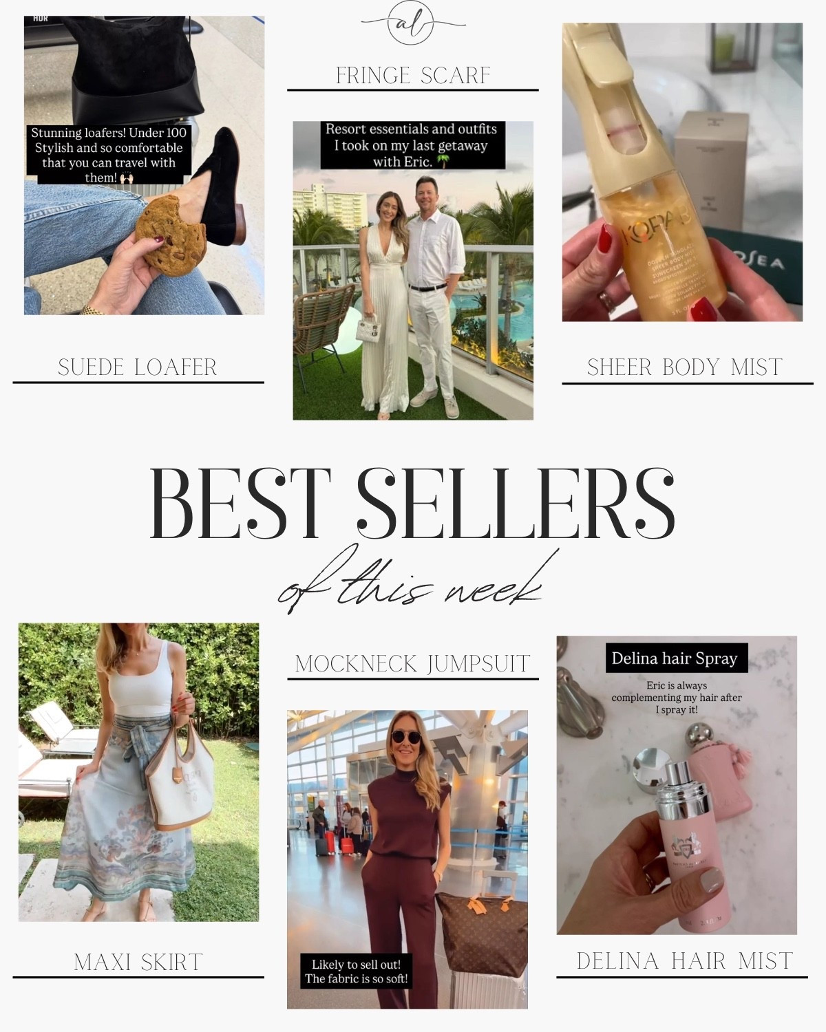 Best sellers of this week - mockneck jumpsuit, maxi skirt, red dress, suede loafers, Delina hair mist, body sheer mist sunscreen 

#LTKootd #LTKU #LTKSeasonal