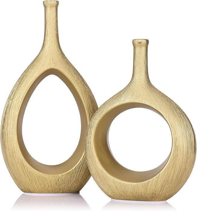 LCCCK Matte Gold Ceramic Vase Set of 2 - Ribbed Hollow Aesthetic Decorative Vase, Modern Farmhous... | Amazon (US)