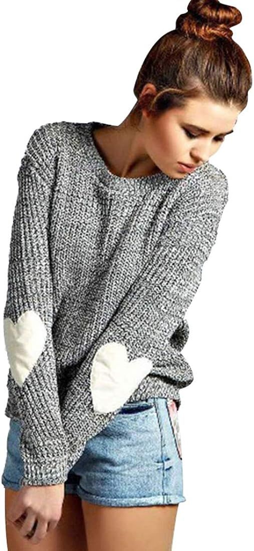 koitmy Women's Crewneck Long Sleeve Thin Knitted Patchwork Cute Heart Sweater | Amazon (US)