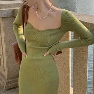 Square-Neck Bodycon Long-Sleeve Slit Knit Dress | YesStyle Global