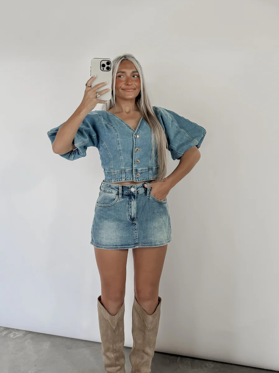 Beat The Odds Structured Puff Sleeve Denim Top | CK Squared Boutique