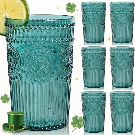 12 Pack Romantic Plastic Water Glasses - 14 Oz Green Vintage Drinking Glasses, Embossed Ribbed Pl... | Walmart (US)