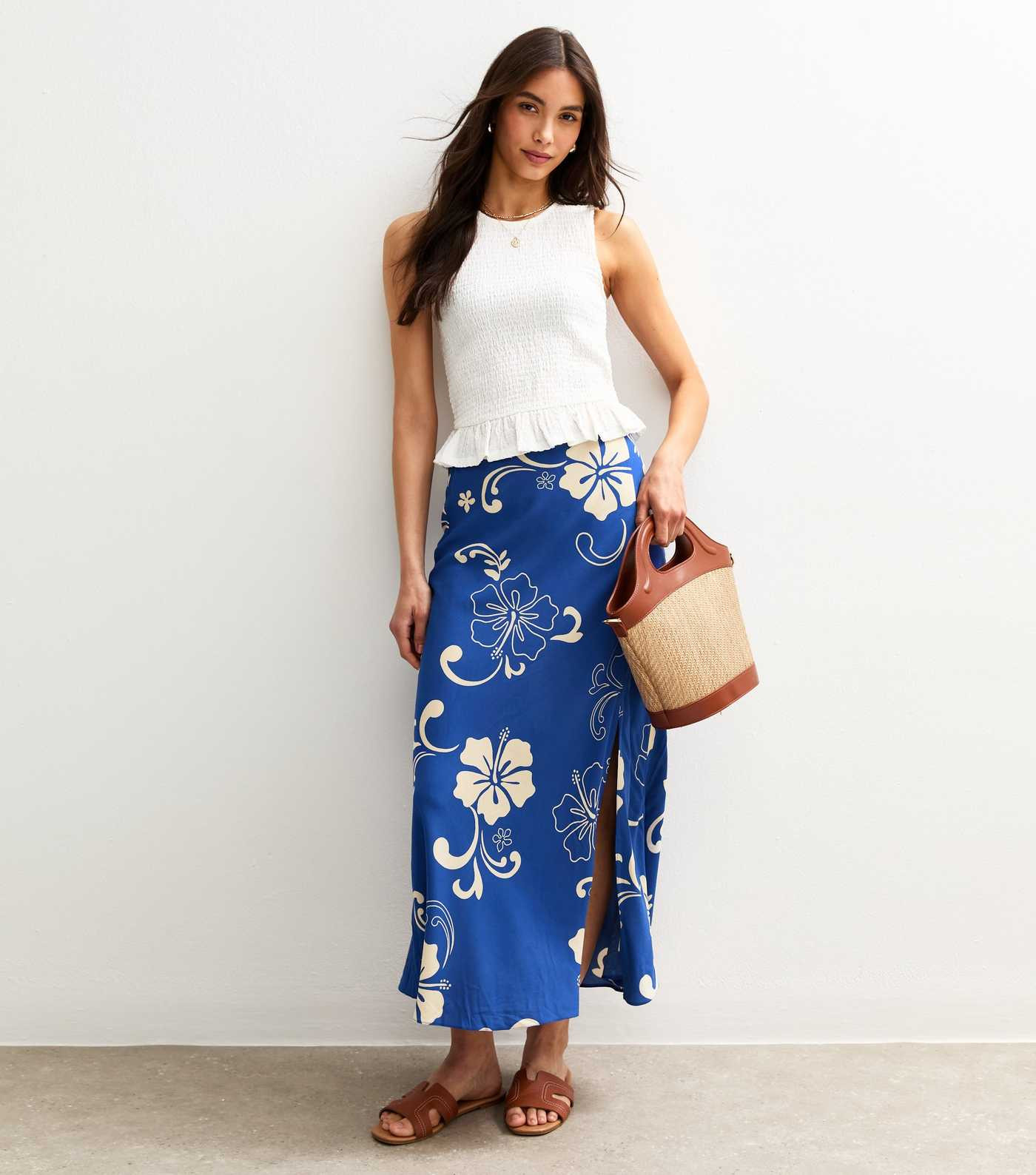 Blue Hibiscus Print Side Split Midi Skirt | New Look | New Look (UK)