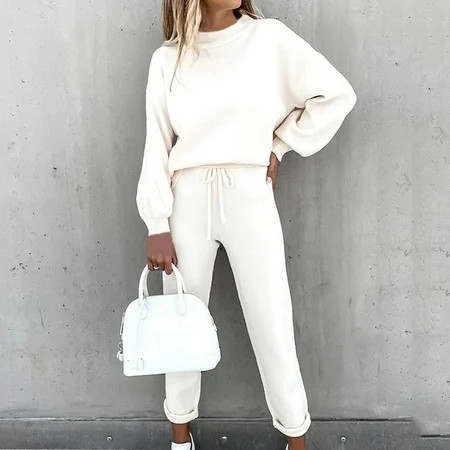 Gzztg womens sweatpants 2PC Fashion Woman Round Neck Solid Long Sleeve Blouse +Loose Pants Sets wome | Walmart (US)