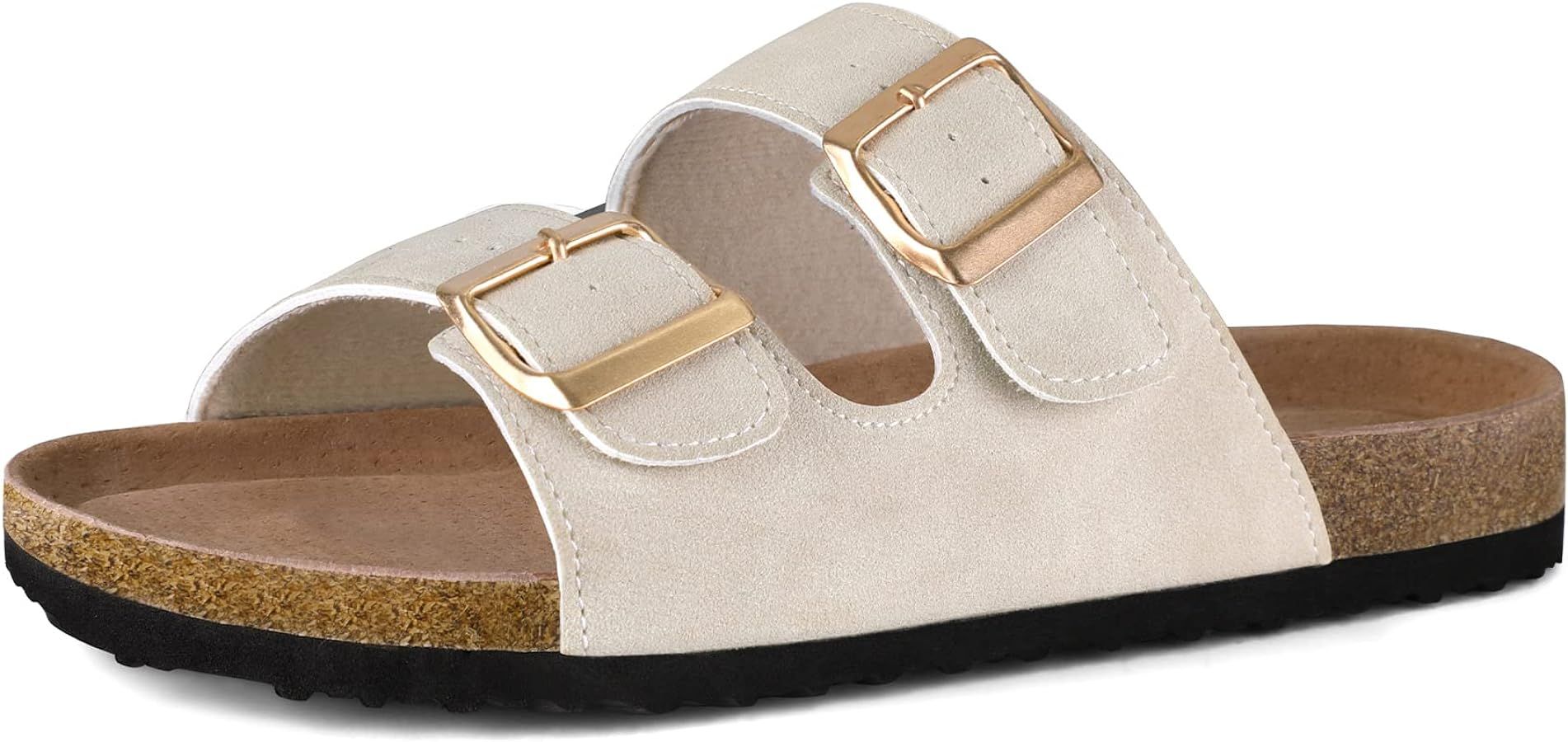 mysoft Womens Flat Sandals Cork Footbed Slides 2 Straps Adjustable Buckle Slip On Summer with +Co... | Amazon (US)